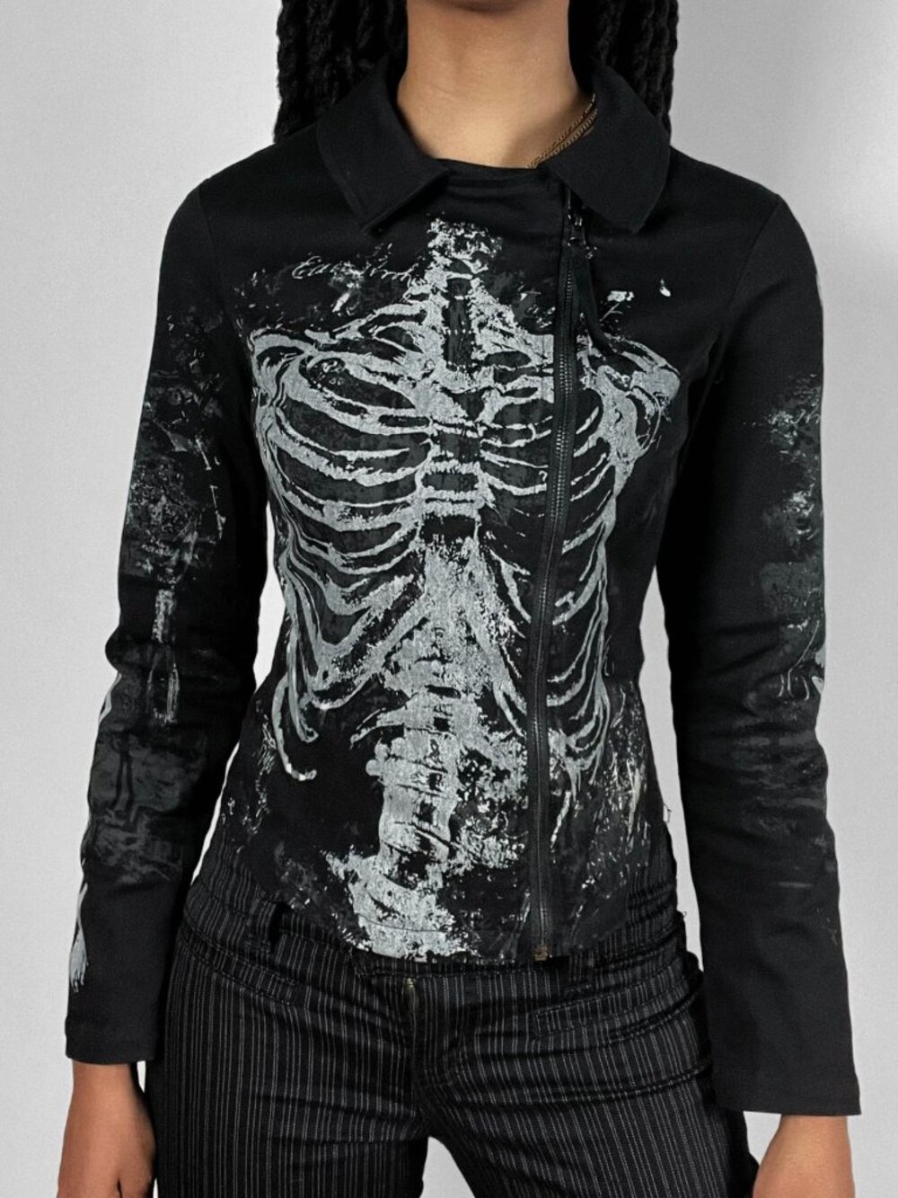 Lip Service Skeleton Moto Jacket With Lace Up Corset Back Coat Black Y2K Goth